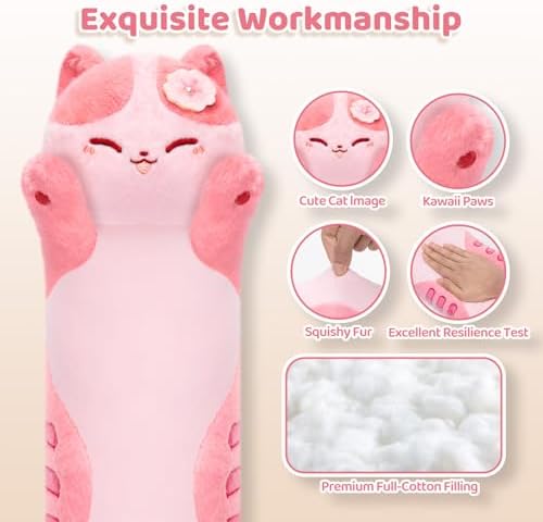 Mewaii Artist-Designed Ultra Soft Long Cat Plush Body Pillow, Extra Stuffing for Comfort, Premium Quality Stuffed Animal Gift for Girlfriend or Cat Lovers (Cherry Blossom Pink Cat Body Pillow 20 Inch) - 2