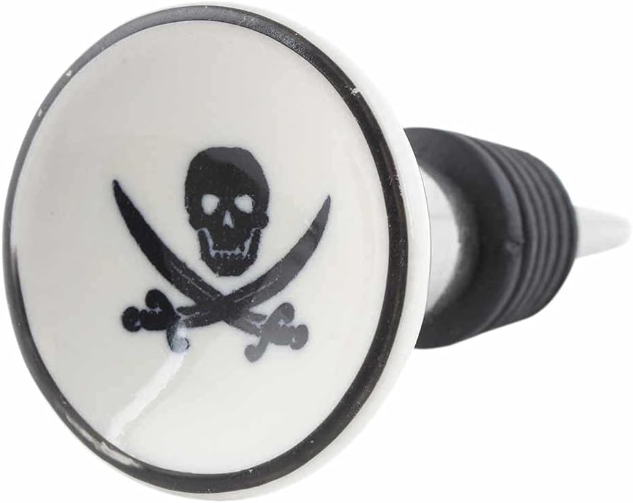 Indian Shelf Wine Stopper | Man Skull Danger Symbol Flat Wine Corks | Rubber Ceramic Wine Stopper Bulk [Black White, 1 Pack]