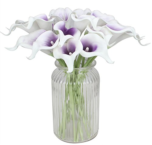 Duovlo 20Pcs Calla Lily Bridal Wedding Bouquet Lataex Real Touch Artificial Flower Home Party Decor (Purple In White) #TOP2
