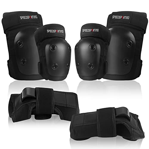 SPEEDSPORTING Protektoren Set, 6 in 1 Profi Schutzausrüstung für Kinder & Erwachsene - Verstellbar Knieschoner Ellenbogenschützer Handgelenkschoner für Inliner Skaten Roller Skateboard (Schwarz, L) Cover