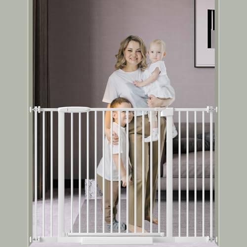 Image of DEARBB Extra Wide Baby Gate Ultra Narrow Spacing 30.11-77.36 inch Pressure Mounted Double Lock Swing Auto Close Walk Through Metal Safety Pet Gate for Stairs and House Doorway Kitchen