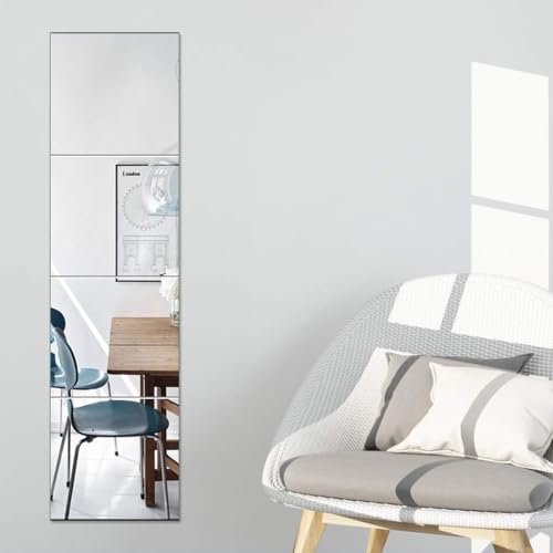 Image of Full Length Wall Mirror Tiles - 10 inch x 10 inch x 4Pcs Frameless Full Body Mirror Tiles Wall Mounted Mirror for Home Gym Vanity Bedroom, Living Room