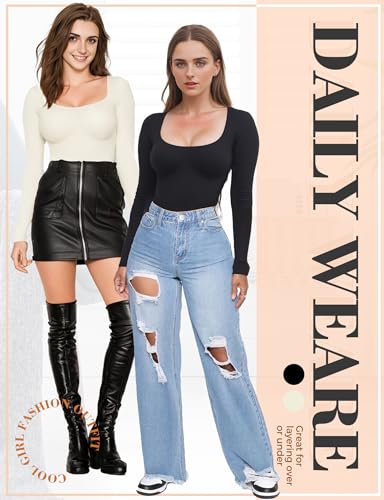 Long Sleeve Bodysuit Womens, Thong Shapewear Bodysuit for Women, Square Neck Long Sleeve Workout Tops2