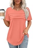 Womens Tops Dressy Casual Short Sleeve Blouse Summer Fashion Shirts Spring Curved Hem Tshirts Ladies Flattering Pleated Polyester T-Shirts Women's Loose Fit Long Tunic XL Coral