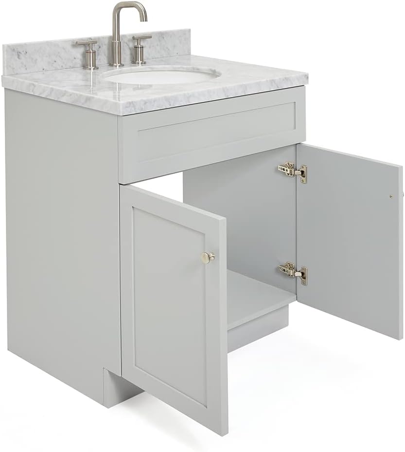 ARIEL Hamlet 30-inch Bathroom Vanity with Sink,Solid Wood, 1.5-inch Italian Carrara Marble Countertop & Backsplash, Single Rectangular Porcelain Sink, 2 Soft Closing Doors, Brushed Nickel, Grey