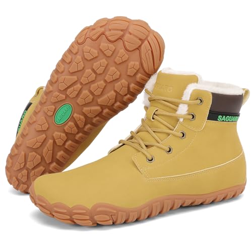 SAGUARO Winter Barfußschuhe Herren Warme Gefütterte Winterschuhe Wasserdicht Barfuß Winterstiefel Männer Leicht Rutschfest Barfussschuhe, Gelb, 43 EU