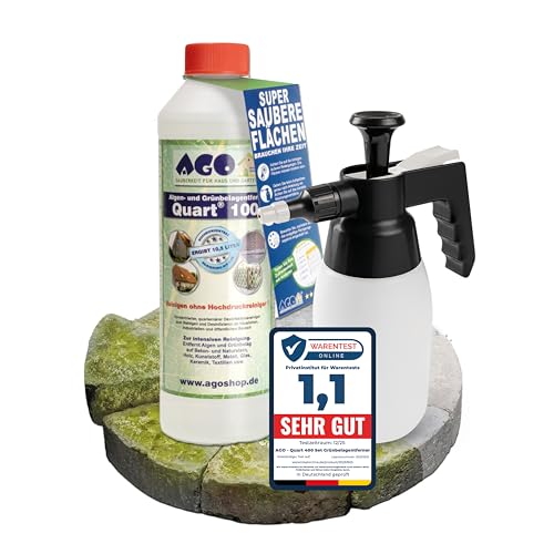 AGO Quart 100 Grünbelagentferner 500 ml - chlor- und säurefrei & Sprühflasche 1L / 100 qm Algen und Grünbelag Entferner/Steinreiniger/Terrassenreiniger/Grünspan Entferner