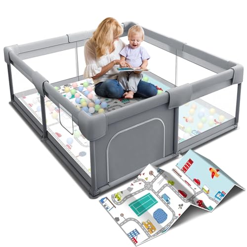 Image of Hiaksedt Baby Playpen with Mat, Small Playpen for Babies and Toddlers, 50 x 50 inch Baby Fence Playards, Play Yard for Infants with Play Mat, Playard with Gate