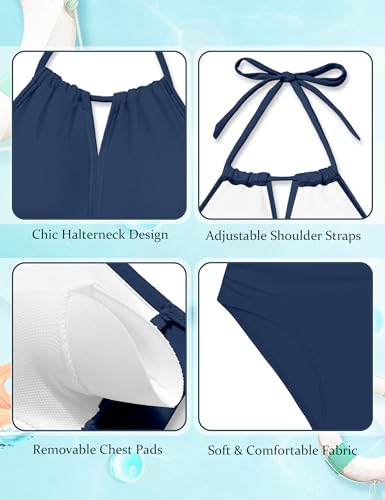 Image of Girls Swimsuit Size 8 One Piece Bathing Suits for Girls Bathing Suits Size 8-10 Halterneck Navy Blue Solid Belly Ruched Modest Padded Swimwear Girl Size 10 Swimsuit