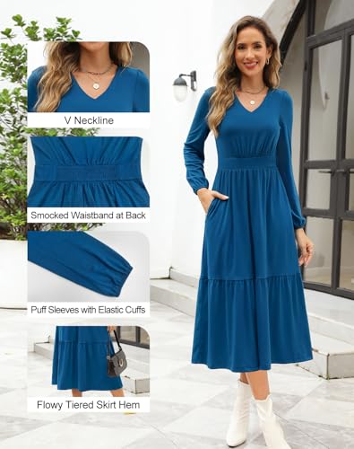 Image of Kranda Women 2025 Fall Puff Long Sleeve V Neck Causal Flowy Pleated Ruffle Tiered Midi Dress with Pockets
