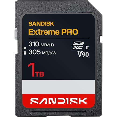 SANDISK 1TB Extreme PRO SD UHS-II V90 �������[�J�[�h - �ő�310MB/�b�̓ǂݎ�葬�x�A�ő�305MB/�b�̏������ݑ��x�A8K�AIP68 �ϐ����A�h�o�� - SDSDXDE-1T00-GN4IN�B