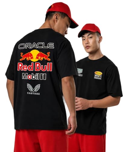 Image of Khakey Men's F1 Racing Graphic Printed Black T-Shirt | Formula 1 Back Print Drop Shoulder Tee | Motorsports Car Print Tshirt for Men & Women | Cotton Streetwear Tee's | Unisex Fit