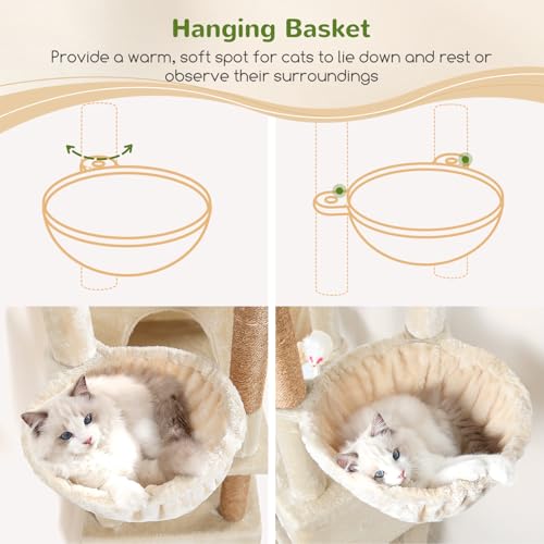 Image of Globlazer Sturdy Cat Tree for Indoor Cats 20 lbs, S68, Beige | 68-inch Large Cat Tower for Adult Big Cats, Heavy Duty Cat Tree with Extra Large Platform, 5 Scratching Post