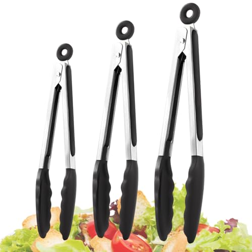 Pinzas para la cocción, 3 piezas utensilios antideslizantes | Las pinzas de parrilla de acero inoxidable con puntas de silicona, para alimentos, barbacoas, camping, servicio ensalada barbacoa