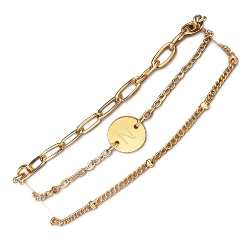 LDOWWGL Gold Initial Bracelets for Women - 18K Gold Plated over Stainless Steel Letter Charm Bracelet with Layered A to Z Design - Birthday Christmas Jewelry Gifts, N