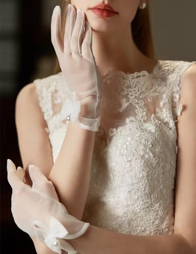 Women Bow Tulle Gloves with Pearls Short Mesh Tea Party Gloves Wedding Bridal Prom Formal Accessories4