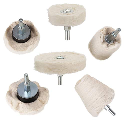 Gobesty - Rueda de pulido para coche, 6 unidades, de algodón, color blanco, herramienta para metal de aluminio, acero inoxidable, joyas, cono, columna, hongo, rueda en forma de T