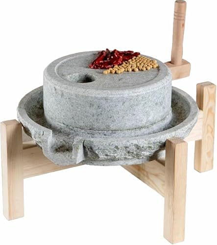Hand Grain Mill Grinder - Stone Flour Mill with Wooden Frame for Dry & Wet Milling, Perfect for Grains, Beans, Barley & Spices - Durable & Efficient Kitchen Tool