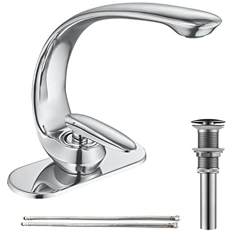 AVSIILE Chrome Bathroom Sink Faucet, C-Shaped Curved Spout Bathroom Faucets for Sink 1 Hole, Brass Bath Sinks Faucet, Single Handle Vanity Faucet, Modern Restroom Faucet with Pop Up Drain Cover