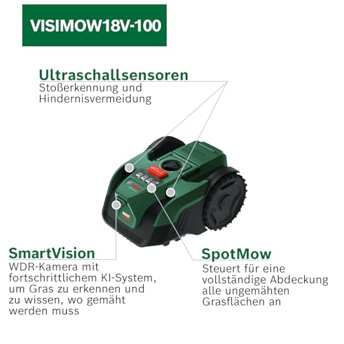 Bosch Akku-Mähroboter VISIMOW18V-100 (für Rasenflächen bis 100 m², Schnittbreite: 16 cm, Schnitthöhe: 20-60 mm, mit Ersatzmessern, inkl. Akku und Ladegerät) – Bild 6