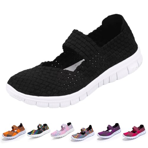 Women's Elastic Woven Walking Shoes Orthopedic Tennis Shoes for Women Plantar Fasciitis Mary Jane Flats Slip on Sneakers Comfy Casual Non Slip Lightweight Breathable Mary Jane Sneakers Nurse Shoe