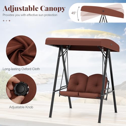 Image of HAPPYGRILL 2-Person Porch Swing, Outdoor Loveseat Swing with Adjustable Canopy & Heavy-Duty Metal Frame, Cushioned Swing with Stand for Porch, Backyard, Garden (Brown)
