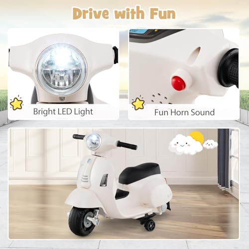 Costzon Toddler Motorcycle, Licensed Vespa Ride on Motorcycle with Training Wheels, LED Headlight & Horn Sound, Ride on Toy, 6V Battery Powered Motorbike, Gift for Boys & Girls, 1-3 Toddlers (White)
