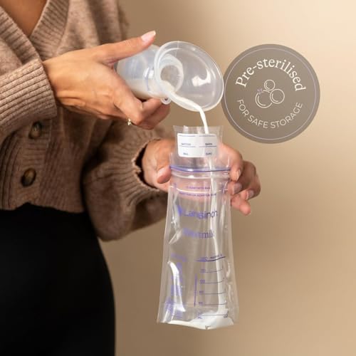 Image of Lansinoh breast milk transparent storage bags, breastmilk pouches for fridge or freezer use, pre-sterilized, reinforced double sealed side, double zipper for ultimate protection, 180ml, 25 count