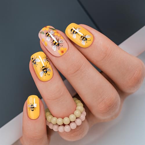CurvLife Medium Square Floral Press On Nails, Bee Garden, Soft Gel