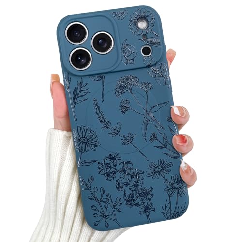 OOK Magnetic for iPhone 17 Pro Max Case, Silicone Blue Wildflower Cute Pattern [Compatible with MagSafe] Floral Print Camera Protection Shockproof Slim Phone Case for 6.9inch, Blue