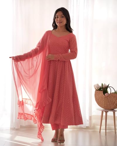 Image of Women's Heavy Faux Georgette Embroidery Work Anarkali and Set Beautiful Dupatta Traditional for Women Any Occasion Lehenga choli