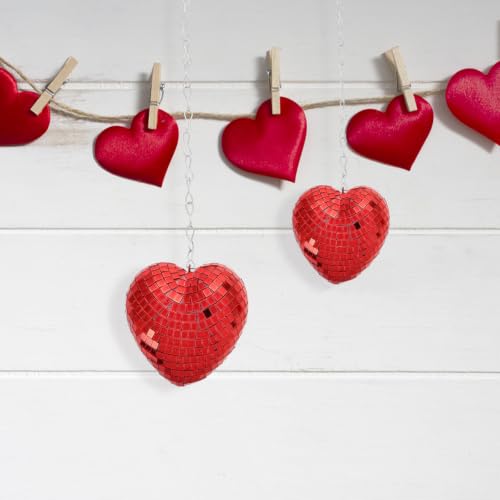 2 unidades de bolas espejadas colgantes en forma de corazón con cadena, bolas espejadas rojas de vidrio para decoración de fiestas, eventos y ambiente para el Día de San Valentín miniatura 4