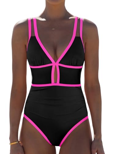 Image of popvil Women One Piece Swimsuit 2026 Tummy Control Sexy Cutout Neon Color Block Bathing Suit Slimming Adjustable Swimwear