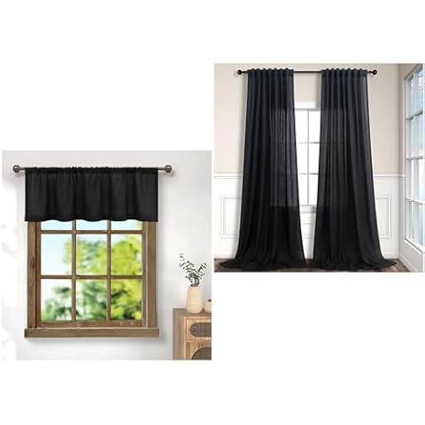 Pitalk 18 Inch Black Linen Sheer Valance for Window and 84 Inch Black Linen Back Tab Curtains Bundle for Living Room Bedroom Farmhouse Decor Cover