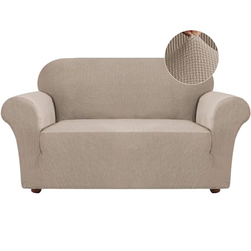 Turquoize Stretch Sofa Slipcover Loveseat Cover Couch Covers for 2 Cushion Couch 1 Piece Sofa Slipcover for Living Room with Jacquard Fabric and Elastic Bottom Pet Furniture Protector (Loveseat,Khaki)