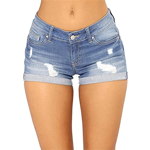 JEKE-DG Women's Stretchy Denim Jean Shorts Casual Summer Mid Waist Stretchy Comfy Stretchy Denim Shorts with Pockets (X-Large,Light Blue)
