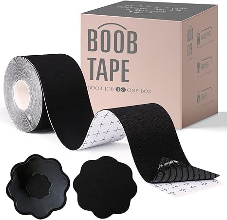 Breast Lift Tape & Boob Tape for Large Breasts, Fashion Body Tape, Athletic Support Tape, and Nipple Covers for A-G Cup Sizes Black (Pack of 1)