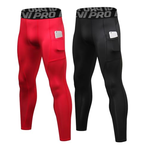 LNJLVI Leggings Sport pour Hommes Base Layers Running Fitness Pantalon de Compression(Rouge-Noir,XL)