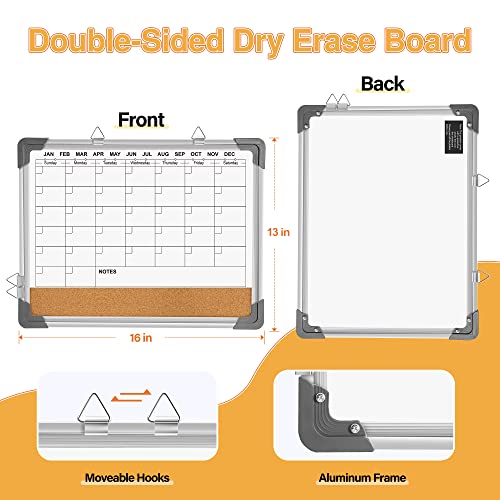 Dry Erase Calendar Board Cork Board Combo For Wall, 16" X 13" Magnetic Double-Sided Monthly Calendar White Board With Cork Board, Portable Planner Memo Board For Home, School, Office, Kitchen (White) #TOP2