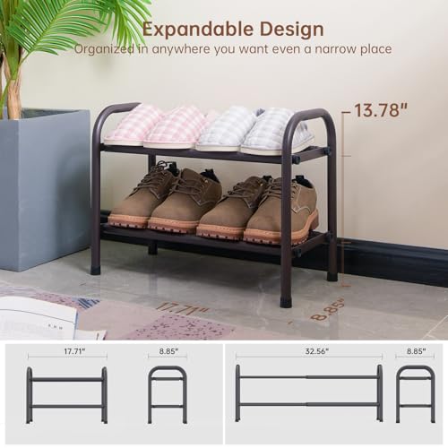 Image of Gonfoam Expandable 2-Tier Shoe Rack for Closet and Entryway, Bronze | Tool-Free Assembly, Metal Material, Adjustable Shoe Organizer, Sturdy, Small Space Solution, Dorms, Garages, Apartments.