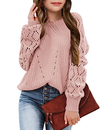 Newffr Girls Crochet Hollow Out Crewneck Long Sleeve Lightweight Knit Sweaters Pullover Jumper Kids Soft Tops