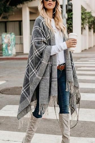 Image of Bestshe Women's Boho Open Front Poncho Plaid Shawl Wrap Cape | Tassel Cardigan Sweater, Cozy Layering, Fall Winter Clothes for Women