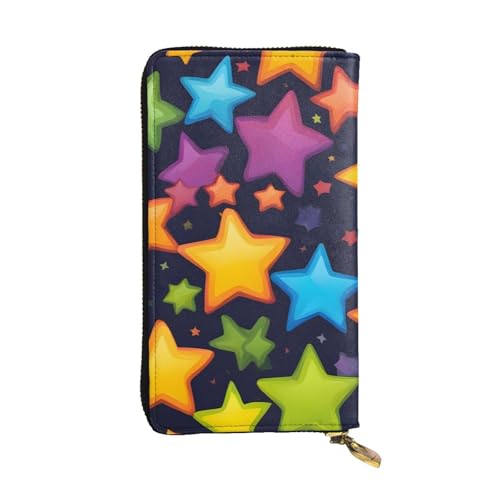 Colorful Rainbow Stars Prints Leather Long Clutch Wallet for Fashionable Girls and Women - Durable, Stylish, and Functional, Black, One Size
