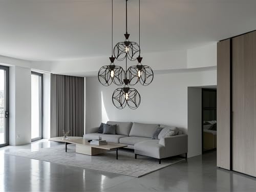 Image of Prop It Up Modern Chandelier Pendant Light for Living Room | Designer Multi-Light Hanging Ceiling Lamp with Metal Cage Shades | Luxury Decorative Lighting for Home, Dining & Staircase | E27 Holder