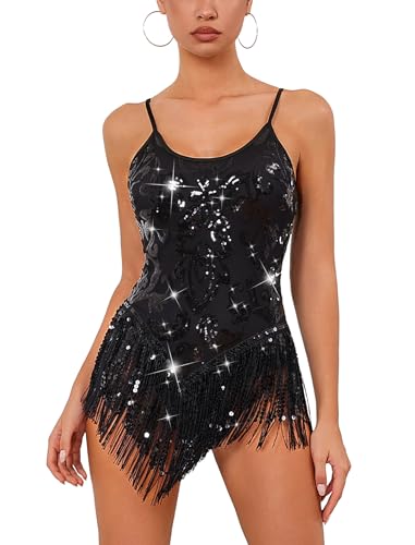 IBAKOM Women Sexy Shiny Sequins Fringe Bodysuit Sparkly Tassel Latin