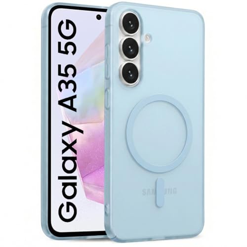 Image of DIZORO Matte Case for Samsung Galaxy A35 Compatible with MagSafe, Camera Lens Full Protection, Shockproof Translucent Frosted TPU Soft Phone Cover, Anti-Fingerprint (Blue)