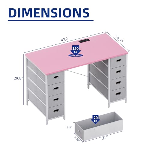 Pamray 47 Inch Computer Desk with 8 Fabric Drawers PC Gaming Desk Home Office Study Work Writing Table for Bedroom Pink - Image 4