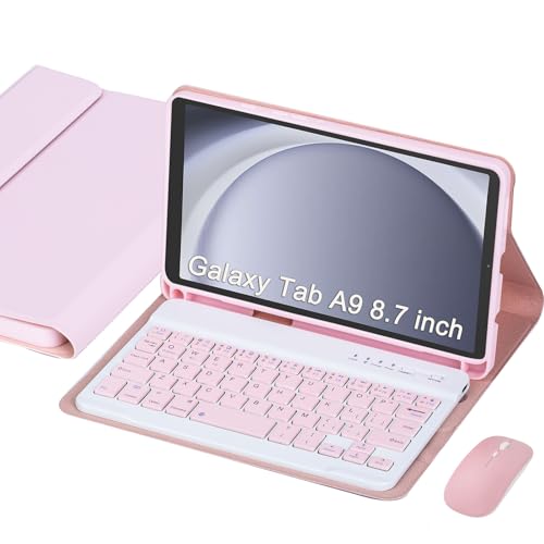 VLEAQC Keyboard Case for Samsung Galaxy Tab A9 8.7-Inch 2023 Wireless Detachable Keyboard and Mouse Thin & Light Case with S Pen Holder PU Folio Stand (Pink)