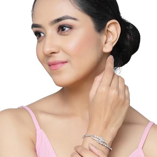 Image of ZENEME Rhodium-Plated American Diamond Studded Flower Patterned Kada Bracelet For Girls and Women