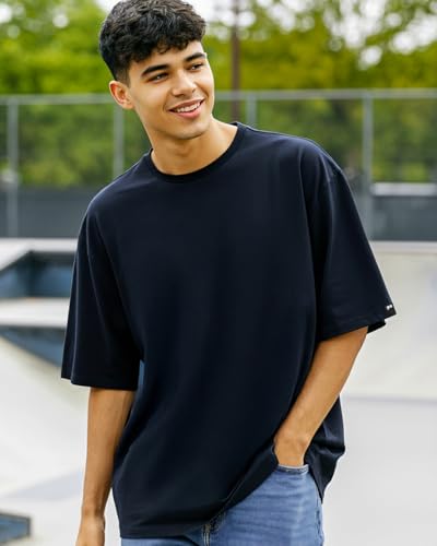Image of Bewakoof Men's Solid Oversized Fit Half Sleeve Round Neck Cotton T-Shirt